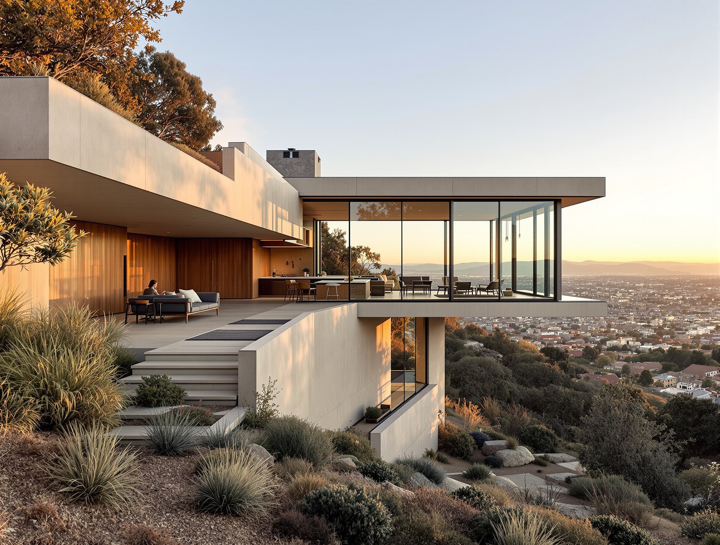 Hillside residence with plaster walls and oak details